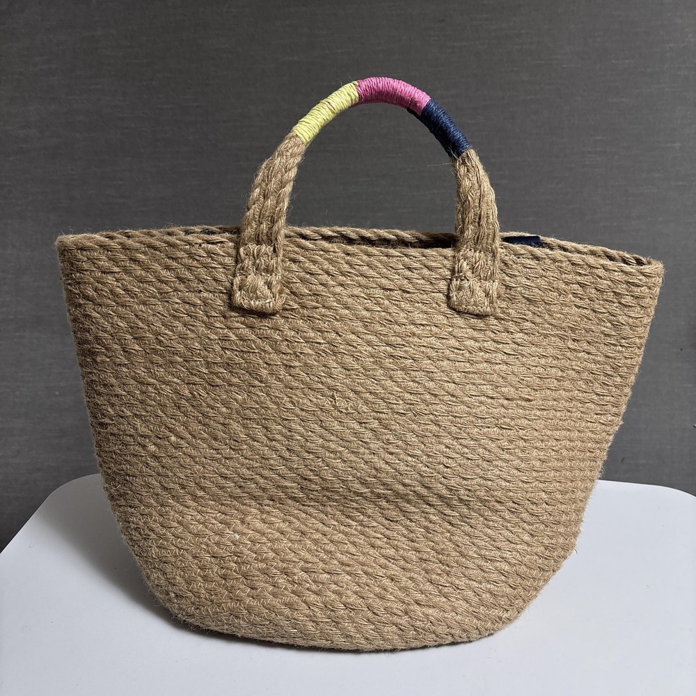 GAP Tote Bag Natural Jute Double Navy Straps Handle Beach Boho Summer Nautical - Picture 7 of 16